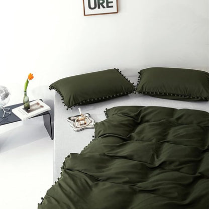 Army Green Comforter Full Dark Green Pom Green Comforter 3 PCs Soft Olive Green Boho Ball Pom Fringe Full Comforter Bedding Set Women Solid Dark Green Full Bed Comforter All Season