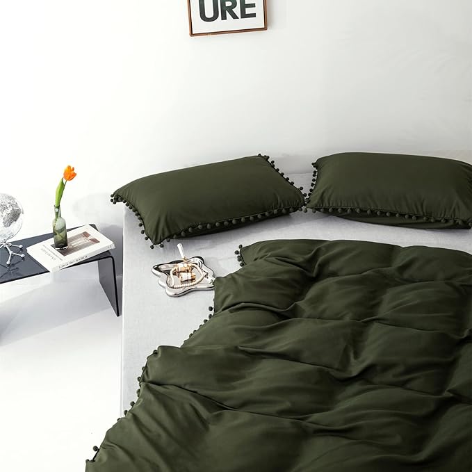 Army Green Comforter Cal King Dark Green Pom Green Comforter 3 PCs Soft Olive Green Boho Ball Pom Fringe California King Comforter Bedding Set Women Solid Dark Green Bed Comforter All Season