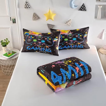 Gamer Comforter Sets for Teen Boys,Gaming Bedding Sets Queen,Video Game Bedspread,Game Gamepad Bed Set,Controller Bedding Gamer Home Decor 3 Piece 1 Comforter and 2 Pillowcases
