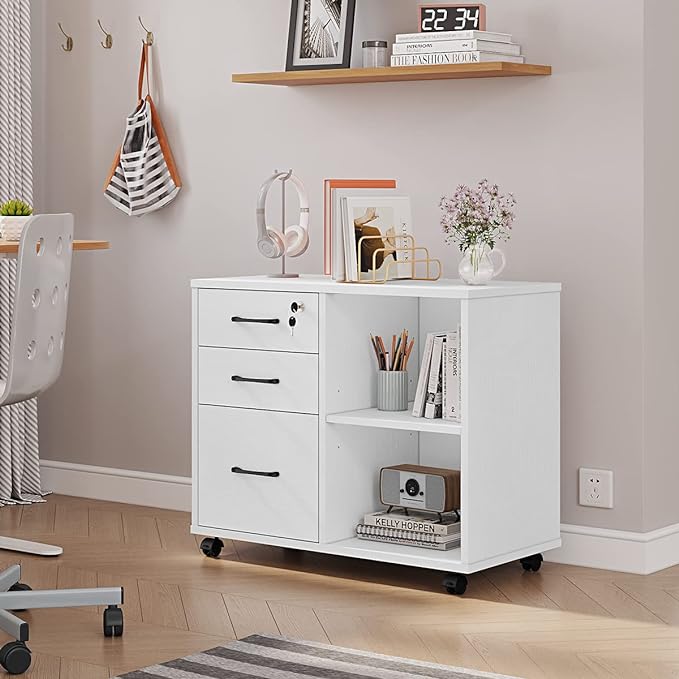 3 Drawer File Cabinets, Mobile Lateral Printer Stand with Open Shelf, Rolling Filing Cabinet with Wheels Home Office Organization and Storage (White)