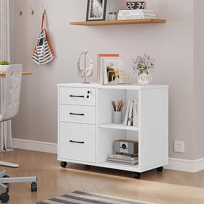 3 Drawer File Cabinets, Mobile Lateral Printer Stand with Open Shelf, Rolling Filing Cabinet with Wheels Home Office Organization and Storage (White)