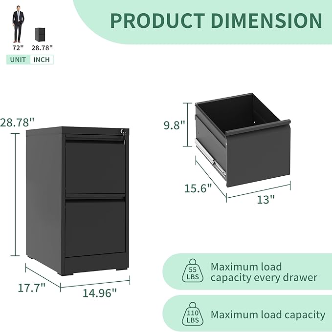 2 Drawer File Cabinet with Lock, Metal Vertical Filing Cabinets for Home Office, Steel Storage Cabinet for Hanging Legal/Letter Size Files, Assembly Required (Black)