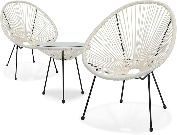 MoNiBloom 3 Piece Outdoor Acapulco Set All-Weather Patio Balcony Conversation Bistro Outside Set with Glass Top Table and 2 Chairs for Indoor Patio Lawn Garden, Weight Capacity 250 lbs, White