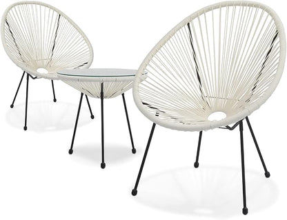 MoNiBloom 3 Piece Outdoor Acapulco Set All-Weather Patio Balcony Conversation Bistro Outside Set with Glass Top Table and 2 Chairs for Indoor Patio Lawn Garden, Weight Capacity 250 lbs, White