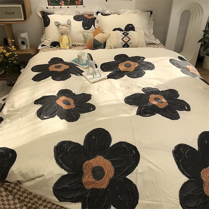Black and White Comforter Set Black Floral Bedding King Comforter Set Hand-Drawn Flowers Cotton Women Modern Elegant Chic Quilts Blankets Lightweight Black Flower Reversible Bed Comforter Set
