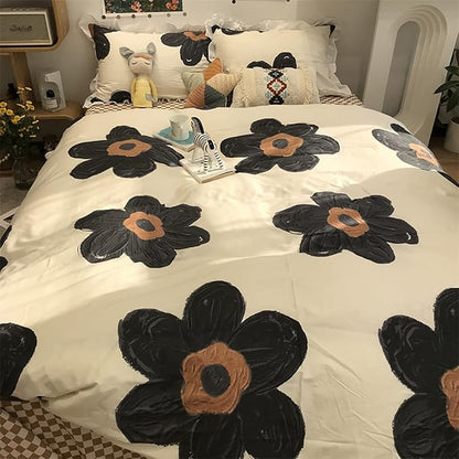 Black and White Comforter Set Black Floral Bedding King Comforter Set Hand-Drawn Flowers Cotton Women Modern Elegant Chic Quilts Blankets Lightweight Black Flower Reversible Bed Comforter Set