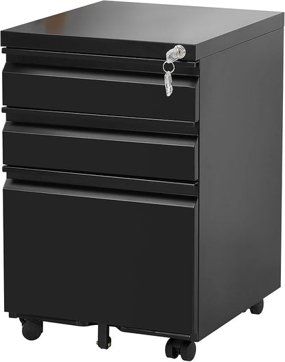 3-Drawer Mobile File Cabinets Rolling Metal Filing Cabinet for Legal & Letter File Anti-tilt Design with Lock Under Desk Office Drawers Fully Assembled Except Casters Black