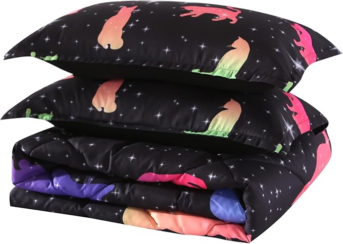 ENCOFT Comforter Set Queen for Girls and Boys, Premium 3 Piece Cats Bedding Set Black, Comfortable and Breathable for Teens and Adults, 1 Comforter and 2 Pillowcases