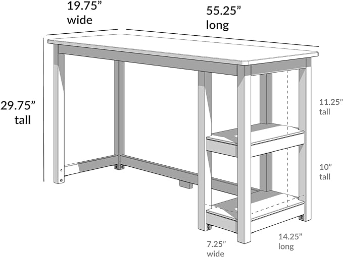 Max & Lily Solid Wood Desk With Shelves, 55 Inches, White