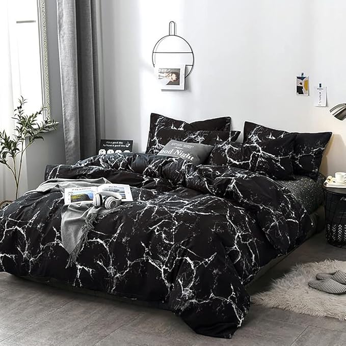 Bedding Set - Full Black Marble 3 Pcs Comforter Set - Includes 1 Comforter, 2 Pillow Covers Cotton, Soft, Breathable, Luxurious, Unisex, All Seasons, Machine Wash
