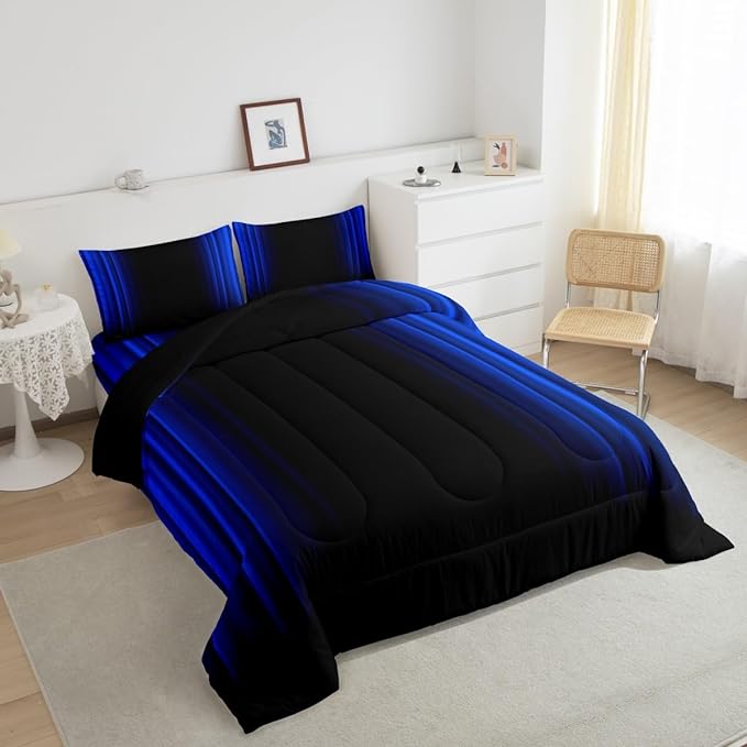 Geometric Abstract Ombre Comforter Set Kids Teens Dark Blue and Black Striped Bedding Bed Set Decor Modern Fashion Comforter Inner Fill Bedroom Collection 3Pcs Full Size