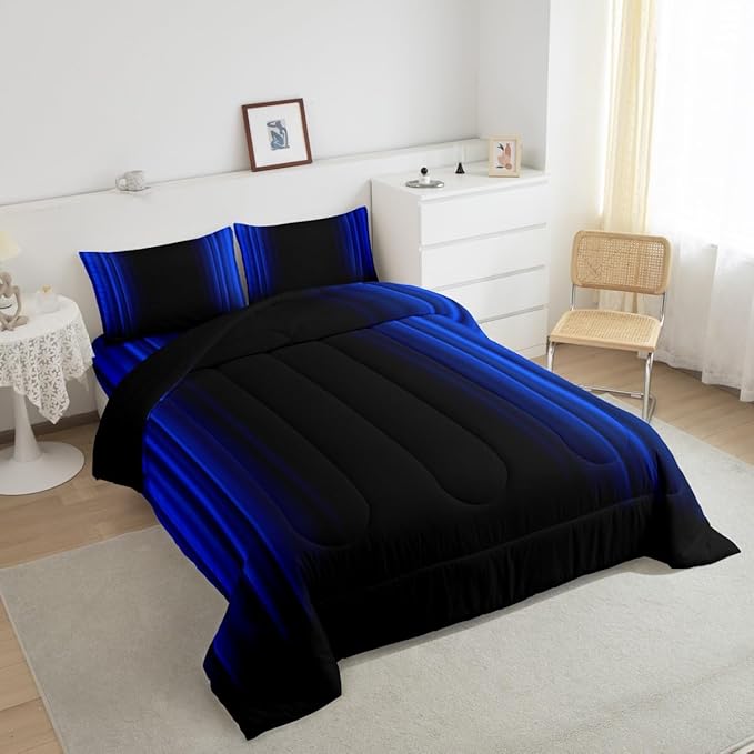 Geometric Abstract Ombre Comforter Set Kids Teens Dark Blue and Black Striped Bedding Bed Set Decor Modern Fashion Comforter Inner Fill Bedroom Collection 3Pcs Queen Size