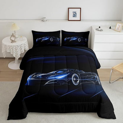 Feelyou Blue Race Car Bedding Set Queen Size for Kids Boys Extreme Sport Games Comforter Set Teens Toddler Fast and Furious Duvet Set Cool Modern Quilt Set 3Pcs