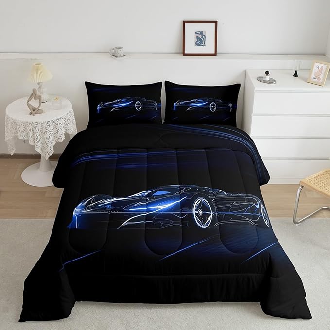 Feelyou Blue Race Car Bedding Set King Size for Kids Boys Extreme Sport Games Comforter Set Teens Toddler Fast and Furious Duvet Set Cool Modern Quilt Set 3Pcs