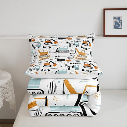 Feelyou Kids Cartoon Excavator Bedding Set Boys Vehicles Truck Car Comforter Child Cute Building Equipment Comforter Set Funny Construction Transport Duvet Set Colorful Room Decor Queen Size Boys