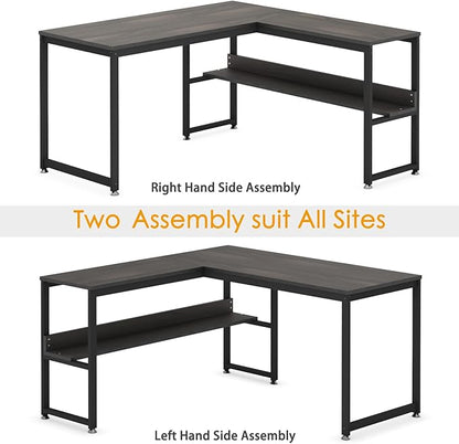 L Shaped Desk, Office Computer Corner Desk, 55 inch Home Gaming Desk Table, Writing Study Workstation with Storage Shelves for Home Office, Space-Saving, Industrial, Espresso