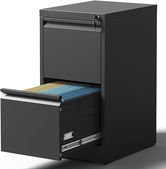 2 Drawer File Cabinet with Lock, Metal Vertical Filing Cabinets for Home Office, Steel Storage Cabinet for Hanging Legal/Letter Size Files, Assembly Required (Black)