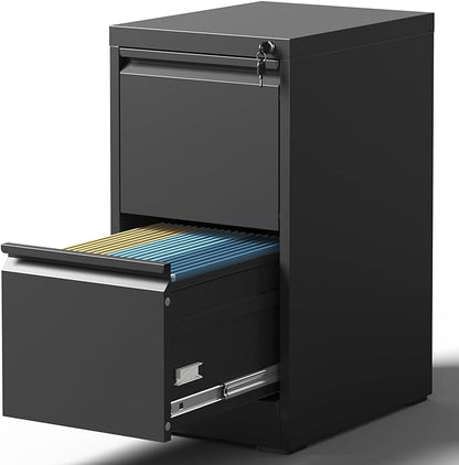 2 Drawer File Cabinet with Lock, Metal Vertical Filing Cabinets for Home Office, Steel Storage Cabinet for Hanging Legal/Letter Size Files, Assembly Required (Black)