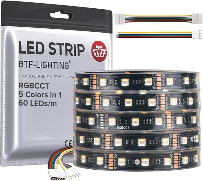 BTF-LIGHTING RGBCCT 5 Colors in 1 LED 5050SMD RGBWW RGB+Dimmable Tunable Color Temperature 2700K-6500K 16.4ft 60LEDs/m 300LEDs DC12V Multi-Colored Lights IP67 for Decoration(No Adapter or Controller)