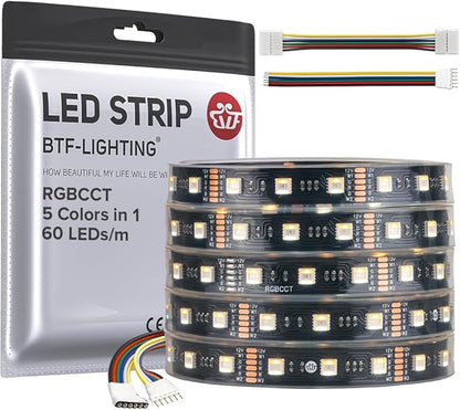 BTF-LIGHTING RGBCCT 5 Colors in 1 LED 5050SMD RGBWW RGB+Dimmable Tunable Color Temperature 2700K-6500K 16.4ft 60LEDs/m 300LEDs DC12V Multi-Colored Lights IP67 for Decoration(No Adapter or Controller)