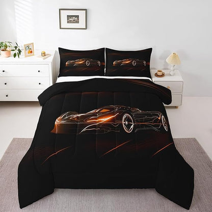 Feelyou Orange Race Car Bedding Set Queen Size for Kids Boys Extreme Sport Games Comforter Set Teens Toddler Fast and Furious Duvet Set Cool Modern Quilt Set 3Pcs