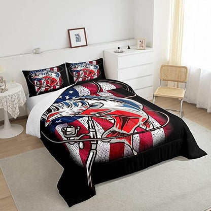 Fishing Comforter King Bass Fish American Flag Bedding Set Farmhouse Pike Fishing Comforter Set for Kids Boys Girls Teens Room Wild Fish Decor Red Blue Stripe Quilt Down Comforter Boys