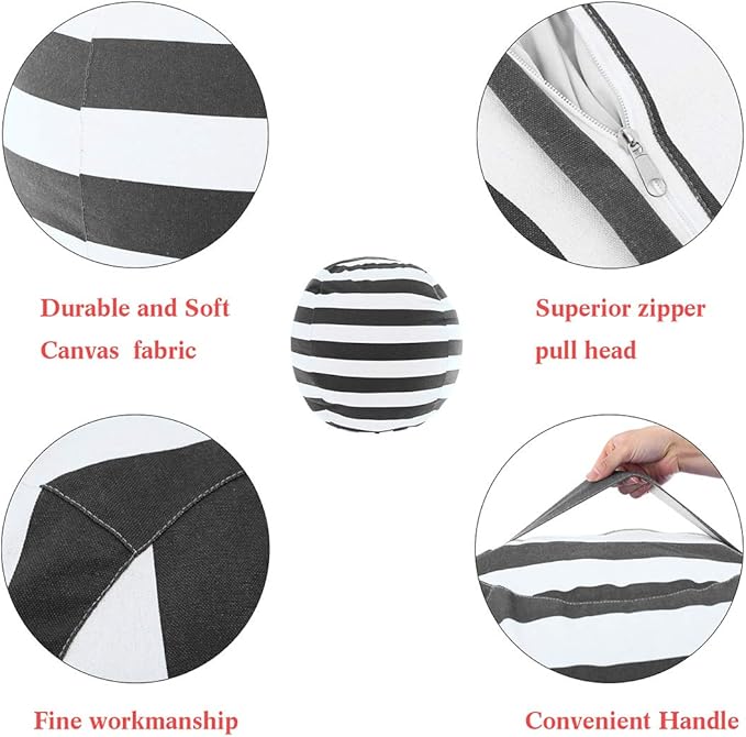 2 Packs Stuffed Animal Storage Beanbag Cover 24" Bean Bag Storage for Kids Girs Boys Room Toys Organizer Heavy-duty Zipper Bean Bag Chair Covers Only Grey Blue White Stripes Cotton Canvas