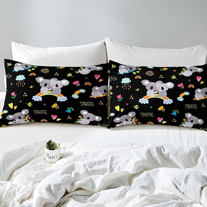 Erosebridal Koala Comforter Set, Kids Rainbow Bedding Set King Size Flower Love Heart Duvet Sets for Girls Boys Children Cute Animal Cartoon Down Comforter 3 Pieces with 2 Pillow Cases, Black