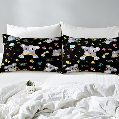 Erosebridal Koala Comforter Set, Kids Rainbow Bedding Set Full Size Flower Love Heart Duvet Sets for Girls Boys Children Cute Animal Cartoon Down Comforter 3 Pieces with 2 Pillow Cases, Black