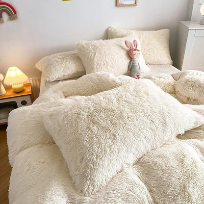Faux Fur Kids Girls Milky White Comforter Sets Twin/Full - 3PC Bed Set Warm Comfortable Soft Plush Flannel Velvet Fluffy Fuzzy Bedding（Comforter x 1 Pillowcases x 2）