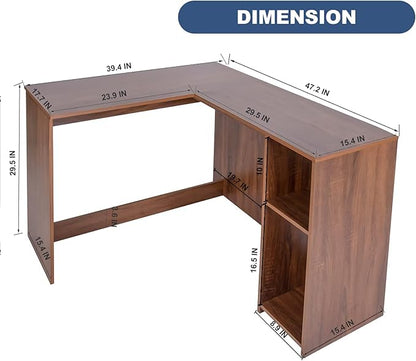 FurnitureR 47.2-Inch L-Shaped Computer Desk Home Office Study Writing Corner Gaming Table Retro Design Work Station Space-Saving for Study Room Bedroom, Walnut