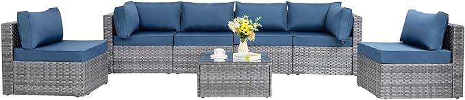 Shintenchi 7 Pieces Outdoor Patio Sectional Sofa Couch, Silver Gray PE Wicker Furniture Conversation Sets with Washable Cushions & Glass Coffee Table for Garden, Poolside, Backyard (Aegean Blue)