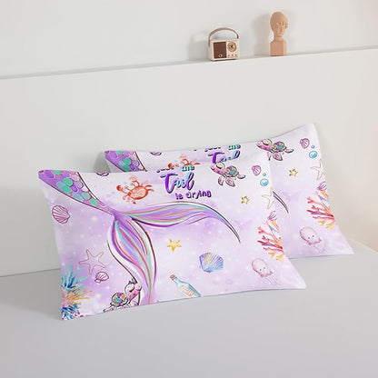 HOSIMA Kids Mermaid Comforter Set with 2 Pillowcases,Watercolor Ocean Life Sea Animal Mermaid Tail Pattern Bedding Set,Light Purpl Comforter for Teens Girls Women Bedroom Full Size Bed in a Bag Set.