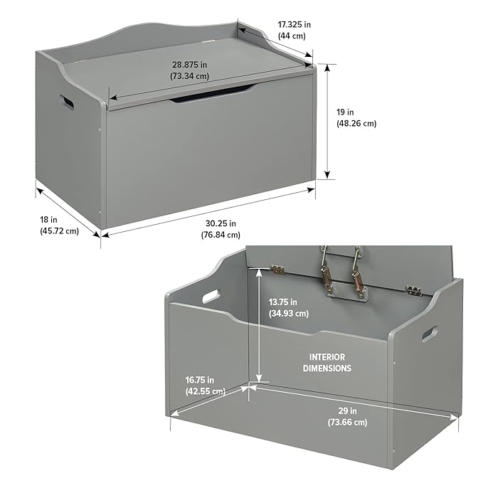 Badger Basket Kid's Wooden Toy Box and Storage Bench Seat with Safety Hinge - Gray