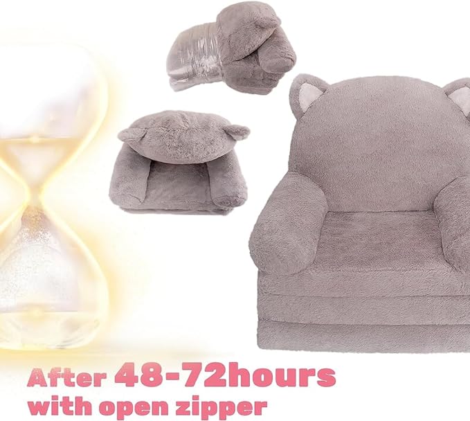 Kids Couch Fold Out Soft Toddler Chairs,Toddler Armrest Chair Bed for Play,Gift for 0-3 Years,Grey Bunny