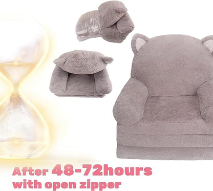 Kids Couch Fold Out Soft Toddler Chairs,Toddler Armrest Chair Bed for Play,Gift for 0-3 Years,Grey Bunny