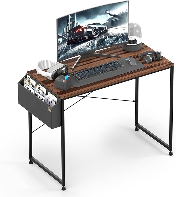 MoNiBloom 40 Inches Computer Desk with Storage Bag, Study Work Writing Table w/Metal Frame for Home Office, Walnut Color