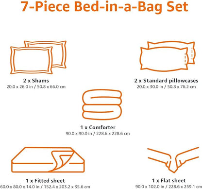 Amazon Basics Kid's Easy Care Microfiber Bed-in-a-Bag 7-Piece Bedding Set, Full/Queen, Purple Unicorns, Solid & Printed