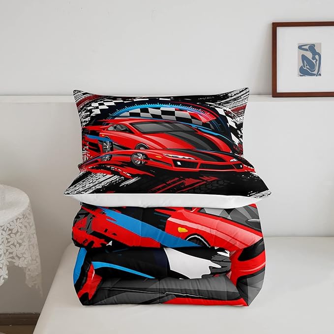 Car Bedding Set for Boys Queen Size Racing Sports Car Comforter Kids Extreme Sports Theme Comforter Set Girls Children Bedroom Teens Cool Speed Automobile Decor Bed Duvet Set Soft Lightweight