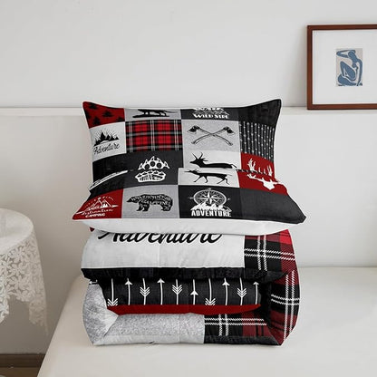 Deer Antler Bear Kids Comforter Set King Size,Plaids Boho Arrows Patchwork Bedding Set for Boys Girls Adults Room Decor,Rustic Adventure Camper Down Comforter,Red Xmas Duvet Insert,2 Pillowcases