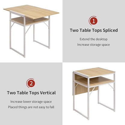 Minimalist Folding Table, Study Desk with Storage Shelf, Small Desk, Portable Computer Desk for Home, Office, Light Brown