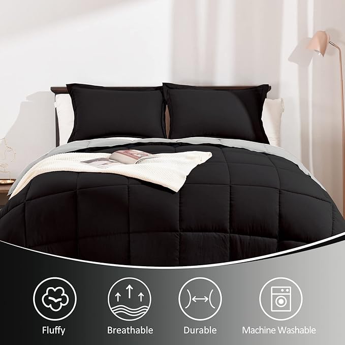 Basic Beyond Queen Comforter Set - Fluffy Comforter Queen Set for All Seasons - Reversible Black and Grey Queen Comforter Set for Mens - 3 Pieces (1 Comforter + 2 Pillow Shams)