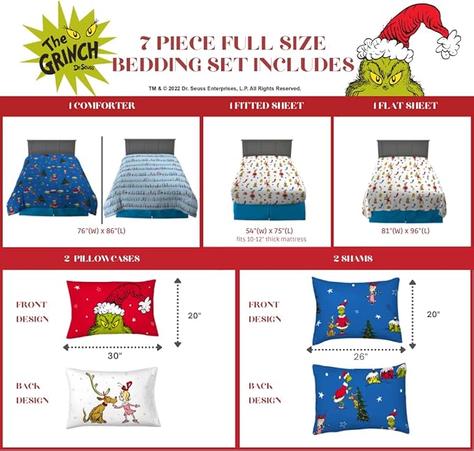 Franco Grinch by Dr. Seuss Holiday & Christmas Bedding Super Soft Comforter and Sheet Set with Sham, 7 Piece Full Size (Official Dr. Seuss product)
