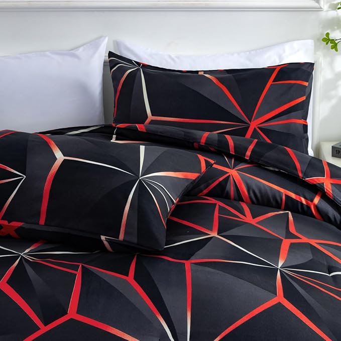 NTBED 3D Geometric Comforter Set for Boys Girls Kids, Irregular Diamond Pattern Lightweight Microfiber Bedding Sets All Season (Red, Twin)