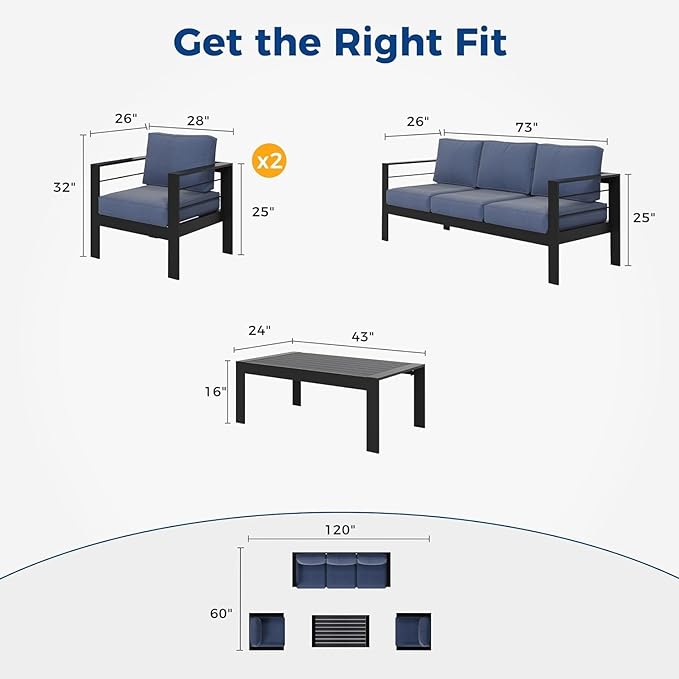 Wisteria Lane Aluminum Outdoor Patio Furniture Set, 4 Pcs Modern Outdoor Conversation Set Sectional Sofa with Upgrade Cushion and Coffee Table for Balcony,Black Frame and Blue Cushion