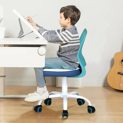 Desk Chair Small Study Chairs Armless for Children Kids Teens, Swivel Rolling Lightweight Task Chair with Wheels and Pu Leather Padded Cushion, Green/Navy