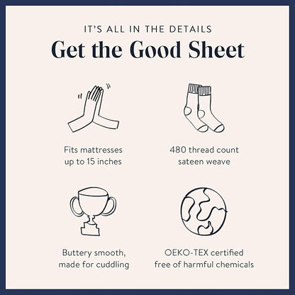 Brooklinen Luxury Sateen 4 Piece Twin XL Sheets Set in White - 100% Cotton Sateen Sheets - 1 Fitted Sheet, 1 Flat Sheet, 2 Pillowcases - Best Luxury Sheets