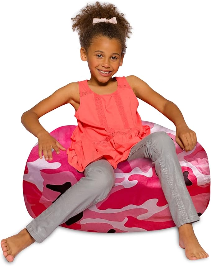 Posh Creations Bean Bag Chair for Kids, Teens, and Adults Includes Removable and Machine Washable Cover, Soft Nylon - Camo Pink and Black, 27in - Medium
