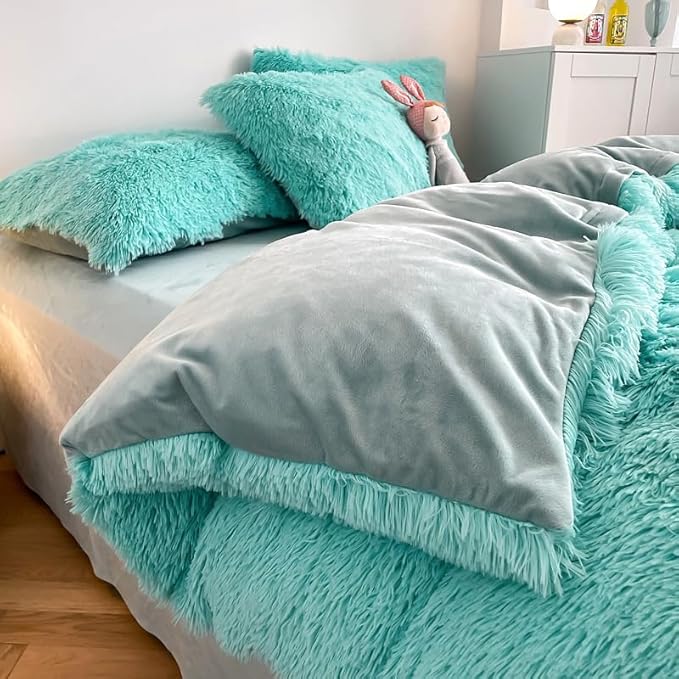 Faux Fur Kids Girls Sky Blue Comforter Sets Queen - 3PC Bed Set Warm Comfortable Soft Plush Flannel Velvet Fluffy Fuzzy Bedding（Comforter x 1 Pillowcases x 2）