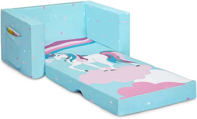 Delta Children Cozee 2-in-1 Convertible Sofa to Lounger For Bedroom - Lightweight,Portable Comfy Flip Open Couch/Sleeper for Kids, Blue Unicorn